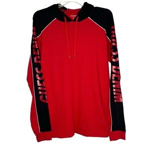 Guess Red and Black Long Sleeve Hooded Tee with Sleeve Logo